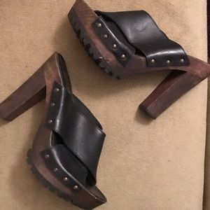 Black Leather Wood Platform Sandals w Rubber Sole